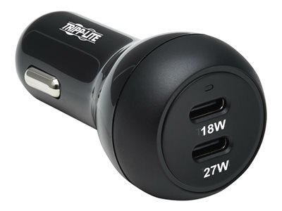 Tripp Lite Dual-Port USB-C Car Charger with 45W PD Charging - USB-C (27W), USB-C (18W), Black car power adapter