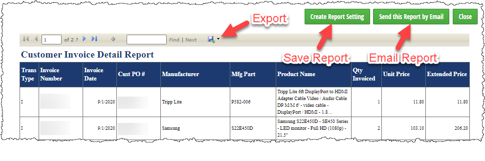 Export Option Save Report Button Email Report Button