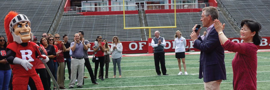 SHI CEO, Thai Lee and Rutgers University Director of Intercollegiate Athletics, Pat Hobbs address SHI's Rutgers grads at SHI Stadium.